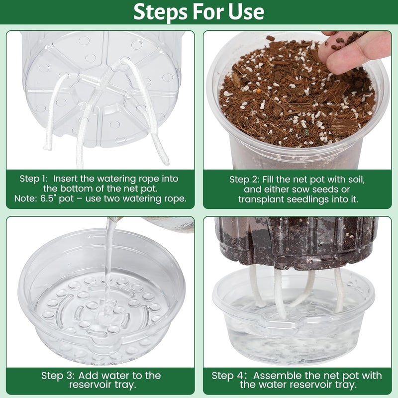 Bluepro 18 Pack 6.5/5/4 Inch Clear Self Watering Plant Pots with Bottom Water Tray & Watering Rope, Transparent Nursery Pots with Drainage for Seedlings, Herbs, and Houseplants - Image 3